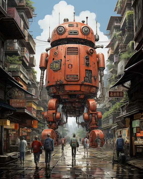 Vector robot rojo gigante caminando por la ciudad de kowloon 6