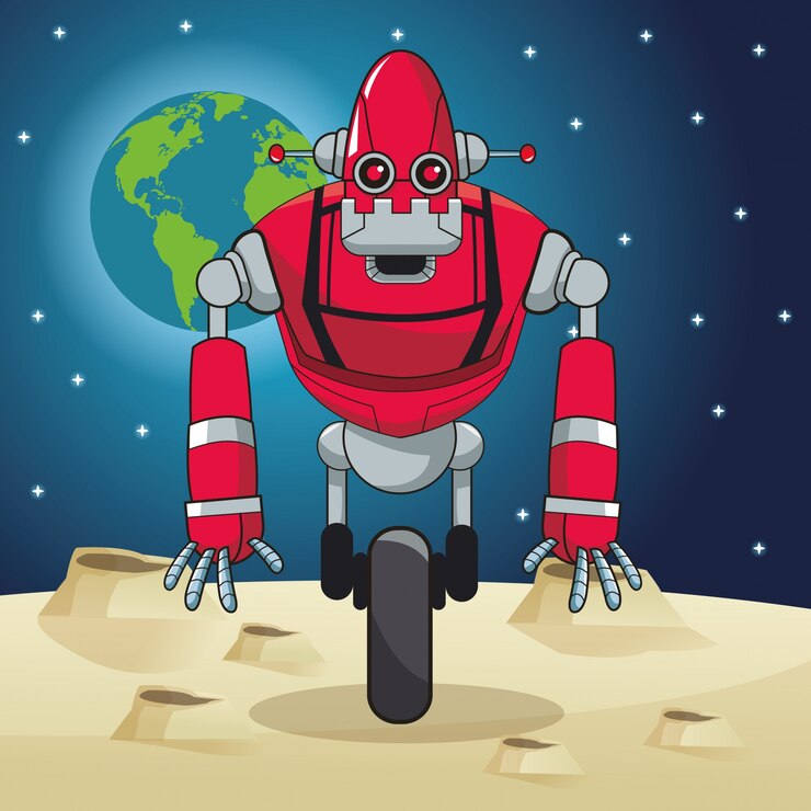 Vector robot rojo de pie luna globo espacio