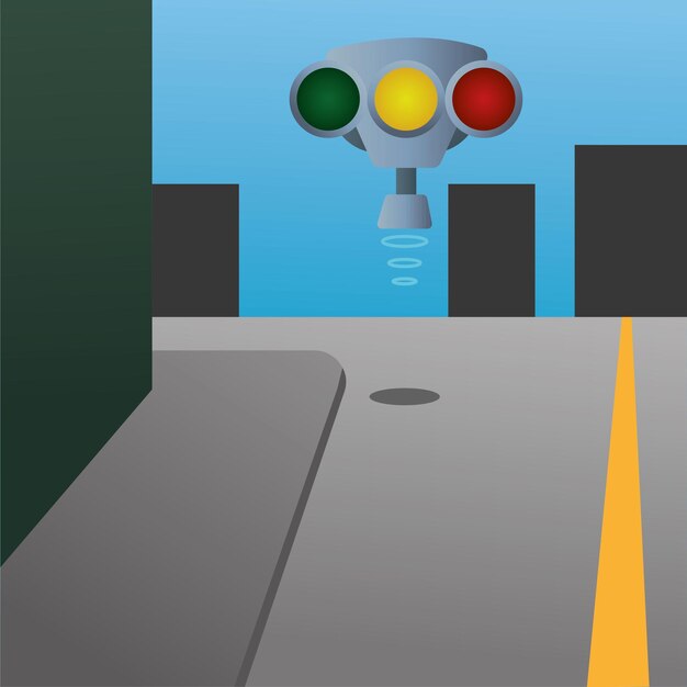 Robot de semáforo volador en una calle vacía Vector