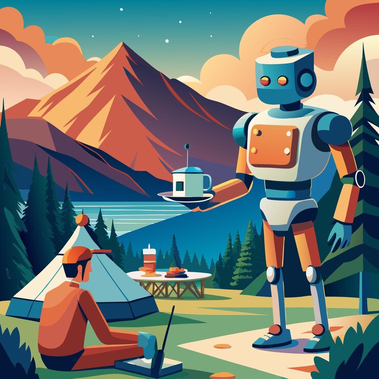 Vector un robot sirve café a un campista en un entorno montañoso