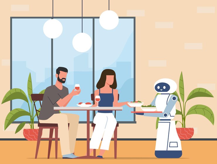 Vector robot sirve comida en un restaurante o cafetería a clientes satisfechos estilo de vida futuro camarero automático hombre y mujer comiendo asistente electrónico ilustración plana de dibujos animados concepto vectorial
