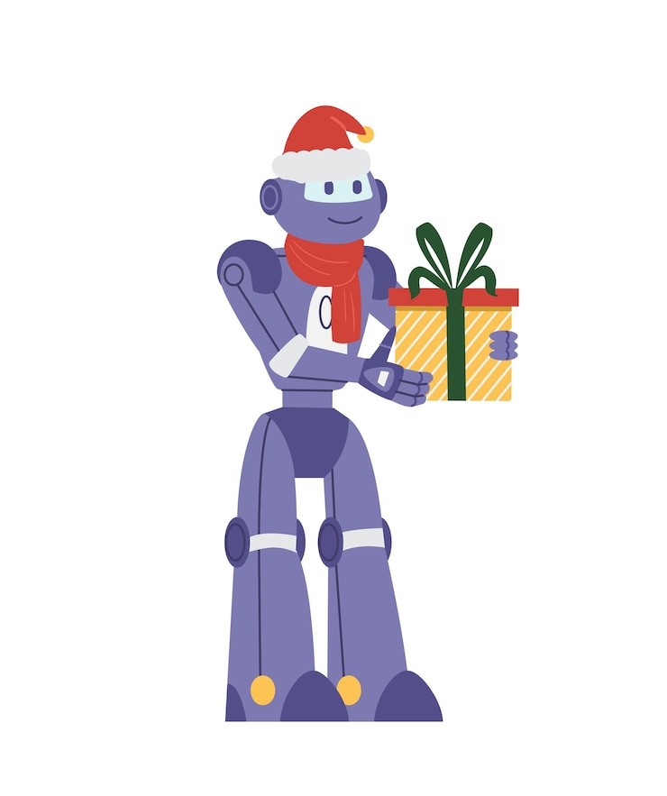 Vector robot sonriente con sombrero de santa con ilustración de vector plano de caja de regalo de navidad. aislado en blanco.