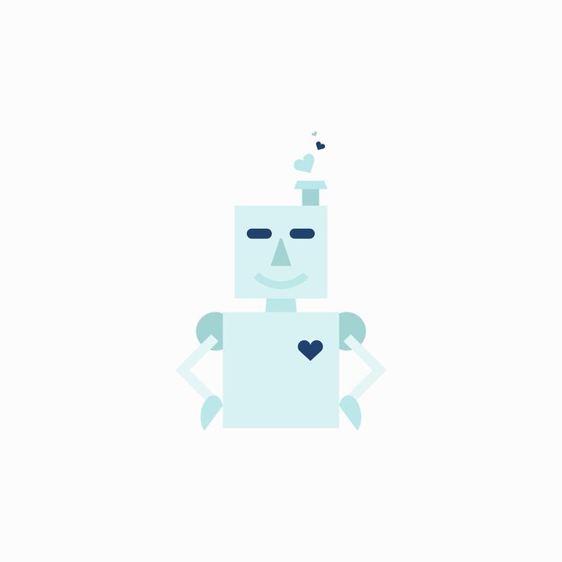 Robot sonriente verde con ilustración gráfica de icono plano de corazón