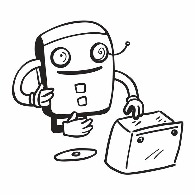Un robot sosteniendo una computadora portátil con una gran sonrisa