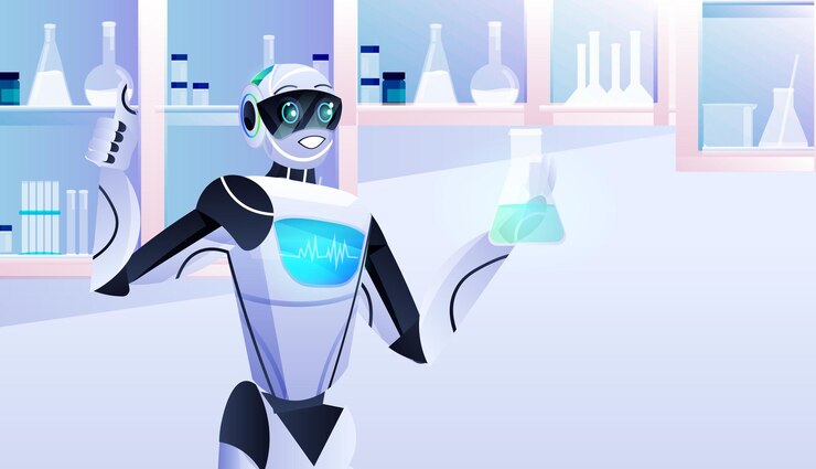 Vector robot sosteniendo el tubo de ensayo con químico robótico líquido haciendo experimentos en el laboratorio de ingeniería genética concepto de inteligencia artificial laboratorio moderno retrato interior horizontal
