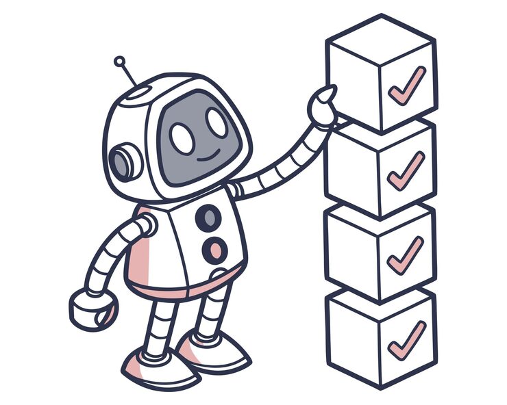 Vector robot stacking blocks with checkmarks automation and task completion