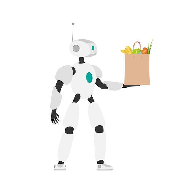 El robot tiene una bolsa de compras en sus manos. Concepto de entrega futura. Las compras en línea. Aislado. Vector.