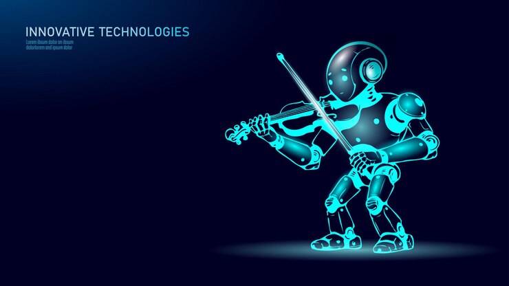 Vector robot tocando música de violín tecnología de neón brillante automatización ai arte entretenimiento digital ángulo bajo