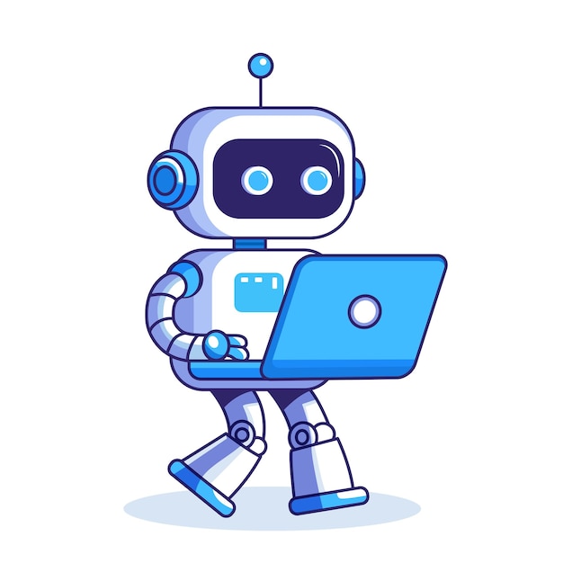 El robot trabaja en una computadora portátil Inteligencia artificial en los negocios Aprendizaje automático Ilustración vectorial
