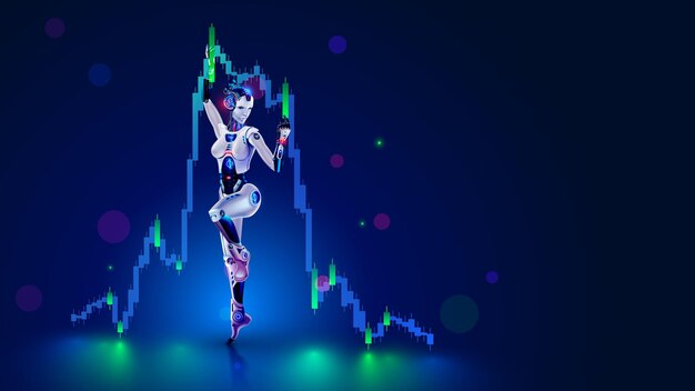 Robot trader AI for automation trading on stock market Artificial intelligence develops trading strategy on stock exchange Neural network in image robot or cyborg woman analyzing financial charts