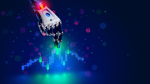 Robot trader AI for automation trading on stock market Hand robot point at candlestick graph on screen phone Artificial intelligence trader Artificial Neural network in App for Online trading