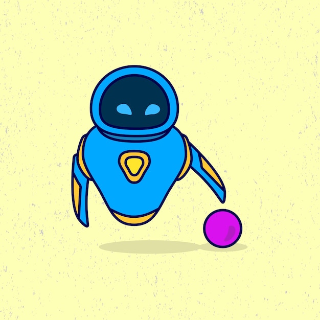 Robot con vector de bola púrpura aislado en estilo de dibujos animados planos Adecuado para juegos de pegatinas de iconos