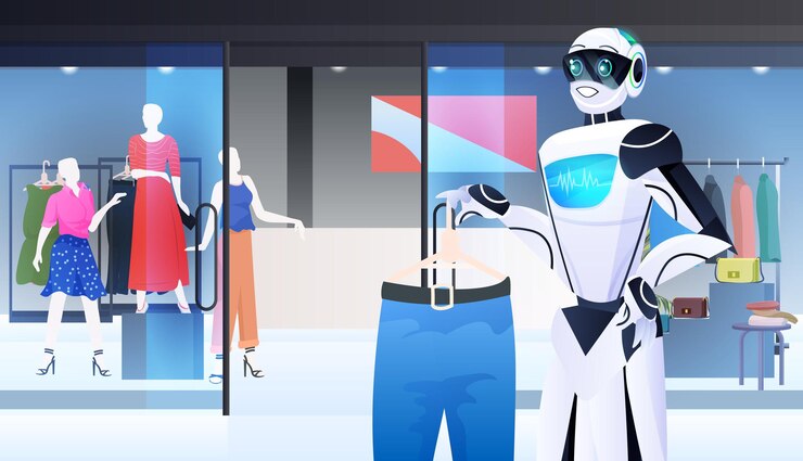 Vector robot vendedor mostrando ropa en concepto de tecnología de inteligencia artificial boutique de moda