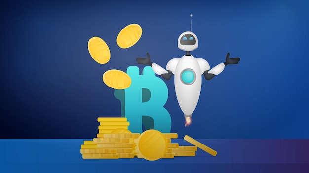 Robot volador blanco y monedas de oro en el aire. Signo de Bitcoin y montaña de monedas de oro. Por el tema de ahorrar y devolver dinero. Vector