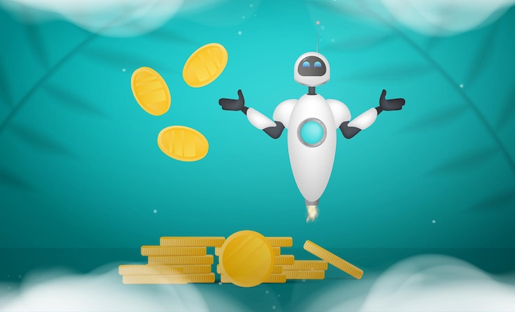 Vector robot volador blanco y monedas de oro en el aire para el tema de ahorrar y devolver dinero estilo realista vector