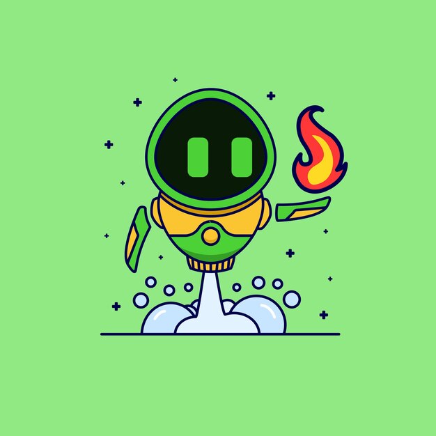 Robot volador con poder de retención icono de bola de fuego ilustración de dibujos animados.