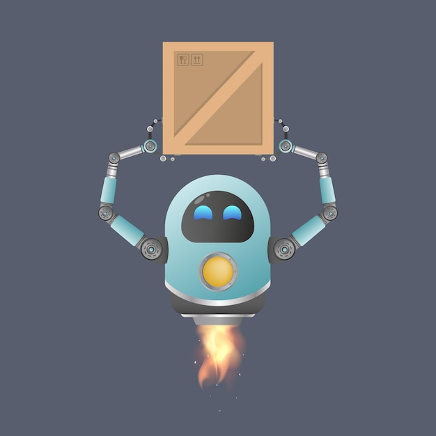 El robot volador recoge la caja. concepto de entrega de carga. aislado. estilo de dibujos animados ilustración vectorial