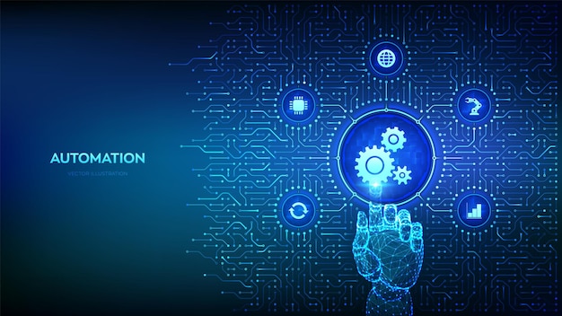 Robotic Process Automation software RPA IOT and Automation technology concept Smart industry Background with circuit board connections and tech icons Hand pressing button Vector Illustration