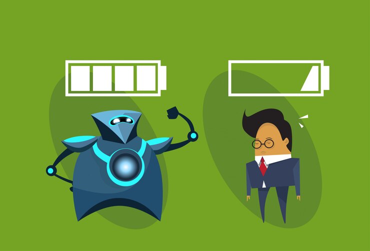 Vector robótica moderna y hombre de negocios con el icono de signos de batería humano vs robots concepto de inteligencia artificial
