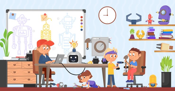 Vector robótica para niños los niños hacen un proyecto de equipo geek de robots los estudiantes del premio de tecnología desarrollan y programan un juguete android escena de vector decente para niños inteligentes
