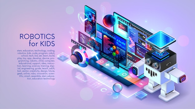 Robotics for kids banner Kids learning to robotics coding AI in online IT school Engineering courses in internet for kids Education Kids robot development robotics technology coding on laptop