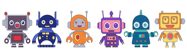 Robots androides en estilo doodle en vector de fondo blanco