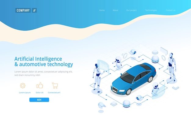 Los robots cibernéticos isométricos funcionan con una interfaz virtual en realidad aumentada Desarrollo informático virtual de un modelo de automóvil utilizando inteligencia artificial Concepto futuro