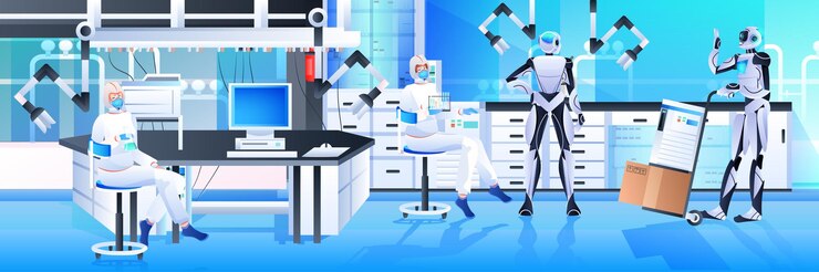 Vector robots con científicos en trajes protectores haciendo experimentos en el laboratorio de ingeniería genética concepto de inteligencia artificial horizontal de longitud completa
