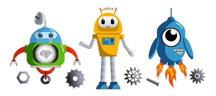 Vector robots de colores sobre un fondo azul robot vector robótica imprimir para niños