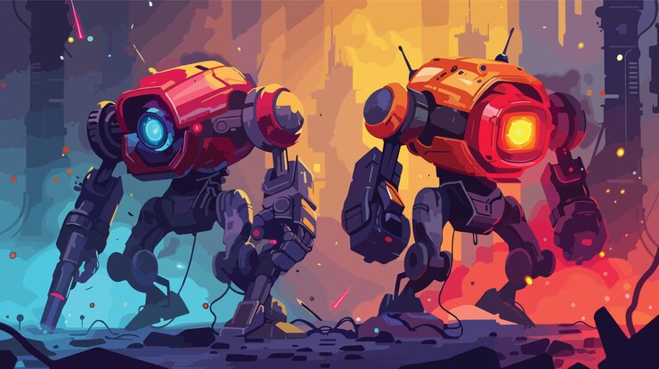 Vector robots de combate futuristas en acción