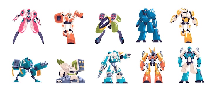 Vector robots de combate guerra de robots del futuro transformadores de dibujos animados personajes para juegos de batalla alienígenas cyborg mecánico futurista guerrero militar máquina poderosa ilustración vectorial de clase