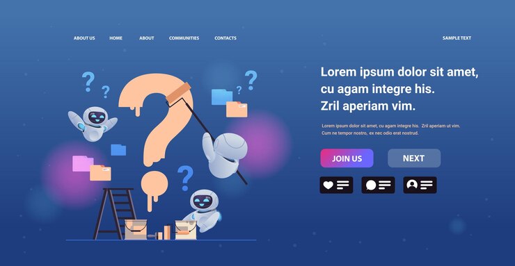Vector robots confundidos que pintan el signo de interrogación en la solución del problema de la frustración de la pared concepto de tecnología de inteligencia artificial