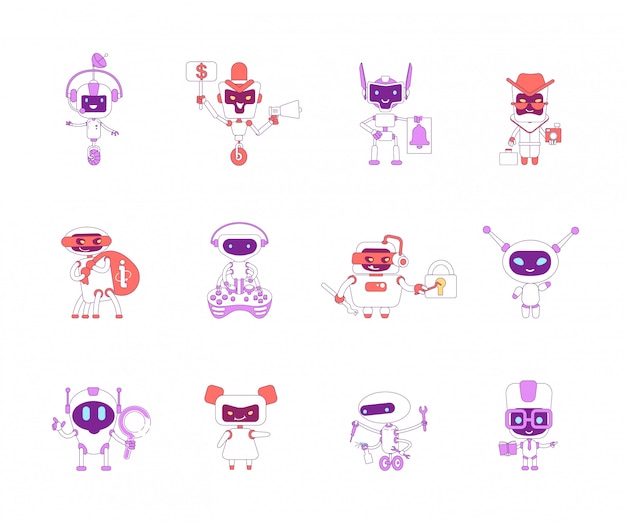 Robots conjunto de objetos lineales rojos y violetas. Malos y buenos bots paquete de símbolos de línea delgada. Robo de información, software de asistencia personal aislado ilustraciones de esquema sobre fondo blanco.