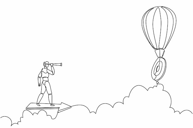Robots de dibujo continuo de una línea montan flechas y miran con el objetivo de globo de aire caliente monocular