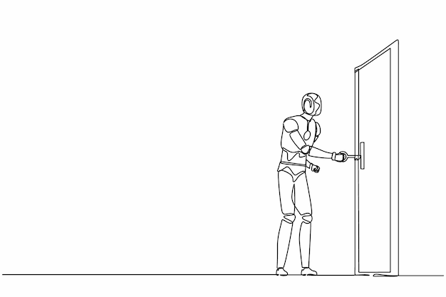 Robots de dibujo continuo de una línea se paran e insertan la llave en el agujero de la llave Robot humanoide
