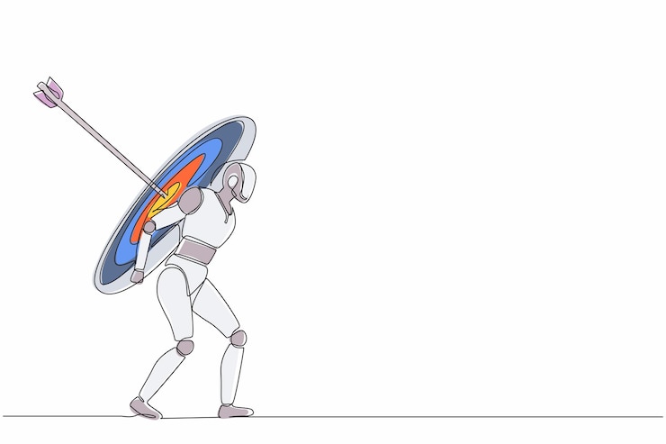 Vector robots de dibujo continuo de una línea que llevan objetivos pesados y enormes con flechas exactas robótica del futuro