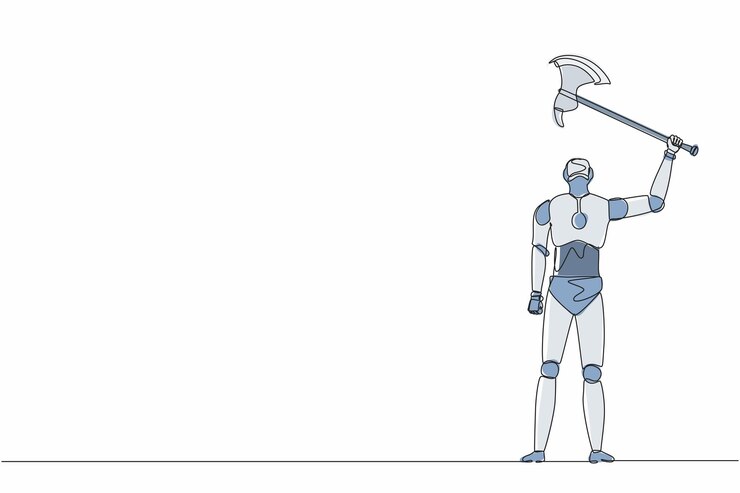 Vector robots de dibujo de línea continua única de pie y levantando grandes ejes ilustración de robótica moderna