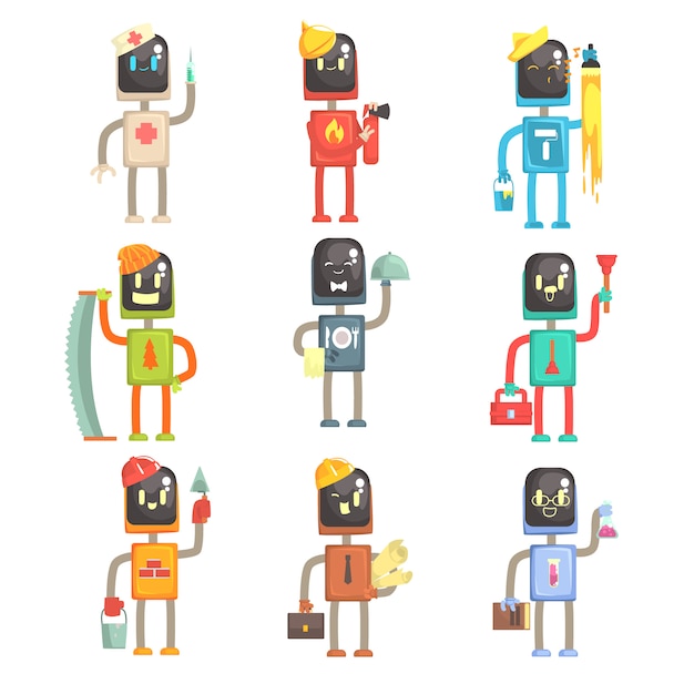 Vector robots de dibujos animados lindo en diversas profesiones conjunto de personajes coloridos ilustraciones