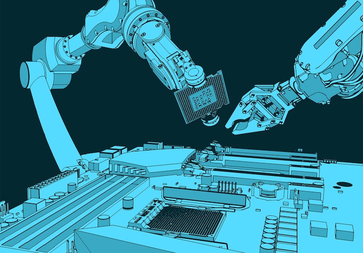 Vector los robots ensamblan una computadora