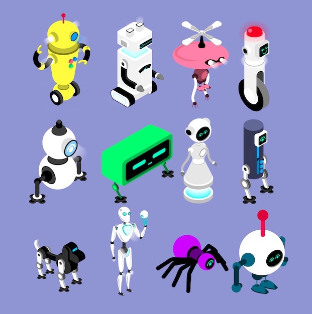Robots en estilo isométrico. Robot and android collection Máquina aislada Ilustraciones.