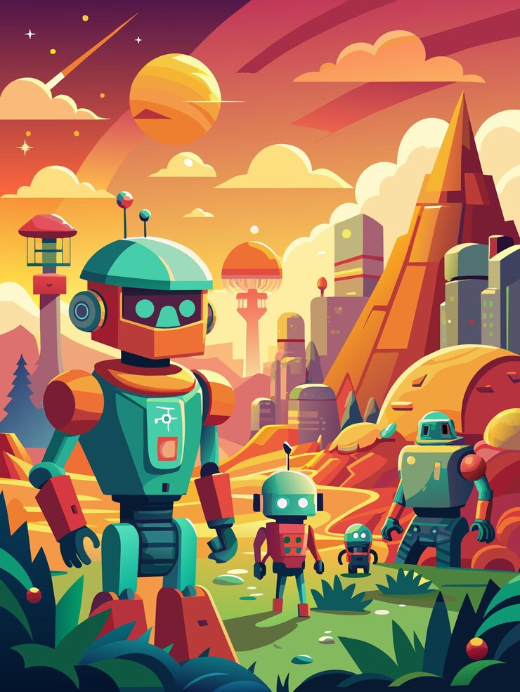 Vector robots explorando un paisaje futurista con una gran luna naranja