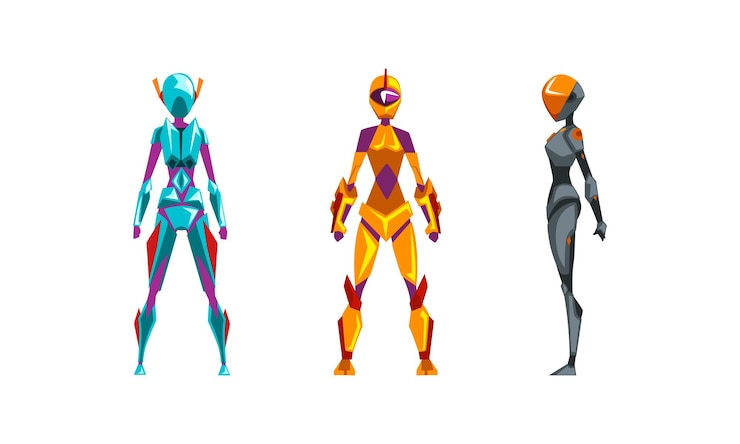 Vector robots femeninos situados lateralmente vista delantera y trasera de personajes ciborgues en varias poses inteligencia artificial concepto ilustración vectorial de dibujos animados
