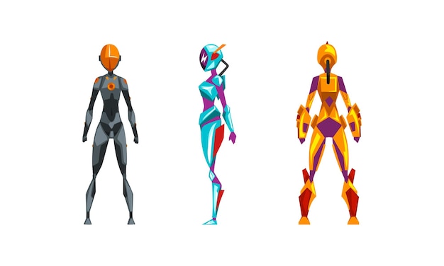 Robots femeninos en varias poses situados lateralmente vista delantera y trasera de la mujer ciborg concepto de inteligencia artificial ilustración vectorial de dibujos animados