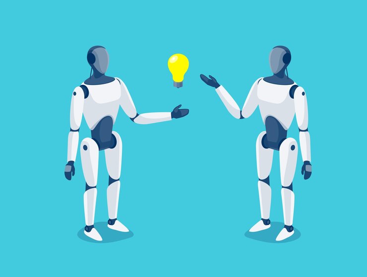 Vector robots humanoides de pie y hablando de la idea