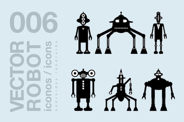 Robots iconos planos 002 vector conjunto de siluetas de robot