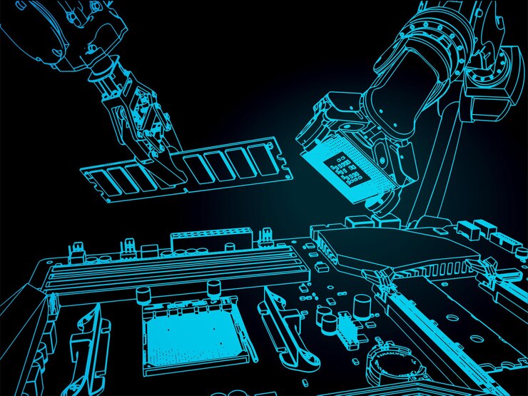 Vector los robots industriales ensamblan una computadora