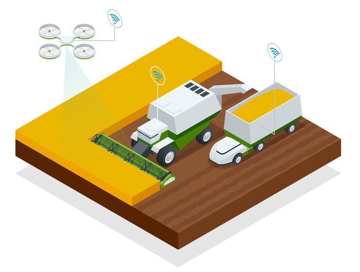 Vector robots inteligentes modernos isométricos en agricultura, robot industrial inteligente 4.0 cosechadora-trilladora combinada en el campo. cosechadora en el trabajo cosechando un campo de trigo.