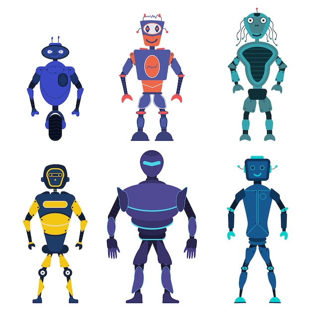 Robots lindos personajes transformadores androides conjunto tecnología cyborg artificial el futuro vector