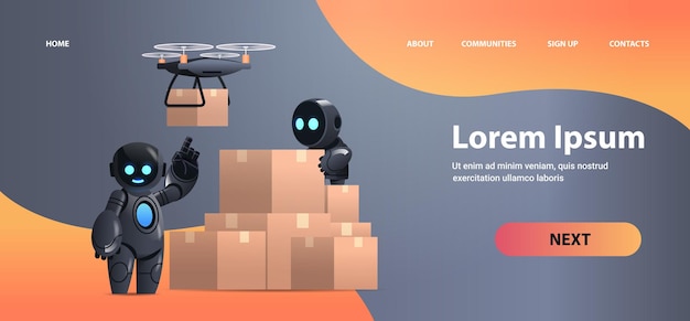 robots mensajeros cerca de cajas de cartón correo aéreo drone servicio de entrega rápida envío tecnológico inteligencia artificial