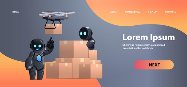 Robots mensajeros cerca de cajas de cartón correo aéreo drone servicio de entrega rápida envío tecnológico inteligencia artificial